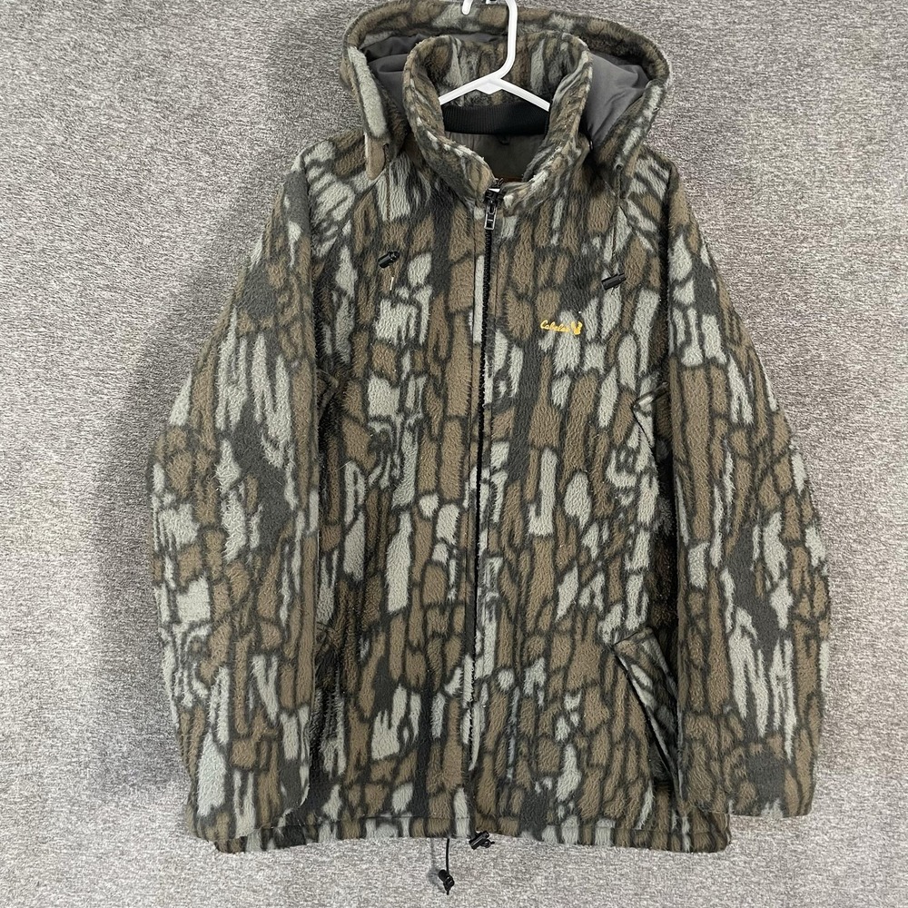 Cabelas Whitetail Jacket Mens XL Camo Fleece Hooded Made USA Hunting Full Zip